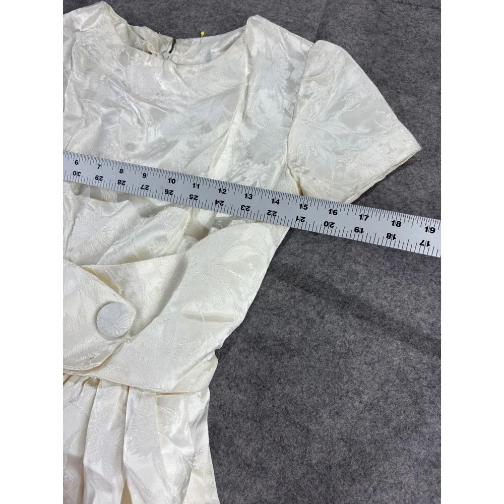 VTG Handmade Cream Jacquard Floral Cummerbund Mini Dress XS? Wedding Chic Preppy